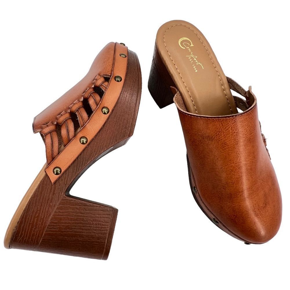 Cato Comfort Brown Leather Studded Braided Detail 4” Block Heel Clogs Size 9